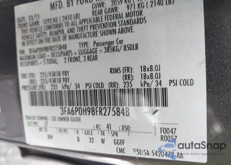 2015 Ford Fusion Se z USA, uszkodzony, nr VIN 3FA6P0H98FR275848